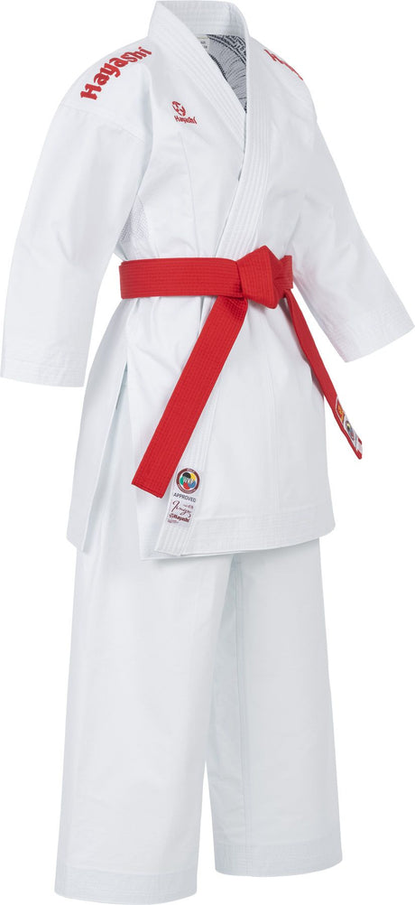 white uniform with red logo